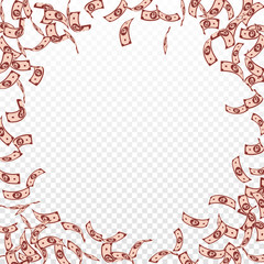 Russian ruble notes falling. Sparse RUB bills on t