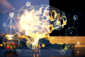 Double exposure of desktop computer and human brain drawing hologram. Ai concept.