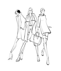 Beautiful young women in modern style.. Hand drawn stylish woman portrait. Fashion lady. Festive outfit. Sketch. Fashion model posing in dress. Hand drawn fashion woman.