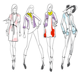 Beautiful young women in modern style.. Hand drawn stylish woman portrait. Fashion lady. Festive outfit. Sketch. Fashion model posing in dress. Hand drawn fashion woman.