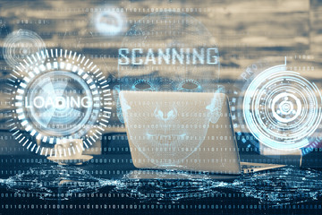 Double exposure of desktop with computer on background and tech theme drawing. Concept of big data.