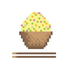 Fried rice bowl cartoon. Pixel art Fried rice in a wooden cup.