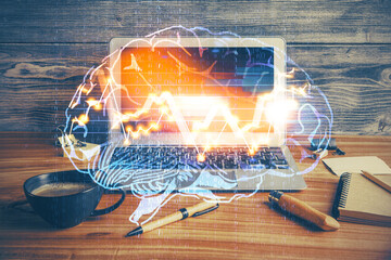 Double exposure of desktop computer and human brain drawing hologram. Ai concept.