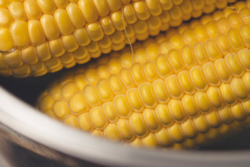 fresh and juicy corn is cooked in a pot at home