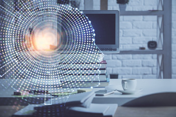 Obraz premium Double exposure of work space with computer and human brain drawing hologram. Brainstorm concept.