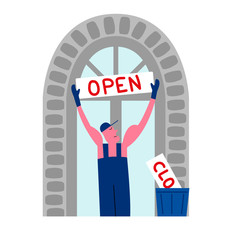 Worker changing sign on cafe door. Store resumes work after quarantine. Man hangs up a banner saying open. Cartoon hand-drawn illustration.
