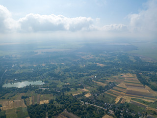 Ukrainian agricultural fields, aerial drone view.
