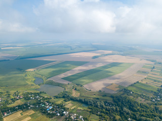 Ukrainian agricultural fields, aerial drone view.