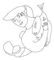 Coloring book with a cartoon animal: The little mermaid in boots saves fish-friend.