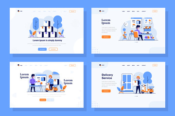 Landing Page vector Illustration flat and outline design style, piles of goods, online shop, marketplace transactions, delivery, shipment, courier, driver