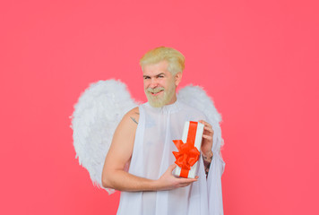Cupid with present. Valentines day presents. Angel with present-box. Cupid in valentine day....