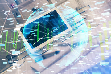 Multi exposure of business theme icons and table with computer background. Concept of success.