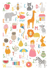 Cute English alphabet. Сolored ABC for children with animals, toys and other isolated on a transparent background.  Handwritten text. Vector hand drawn illustration