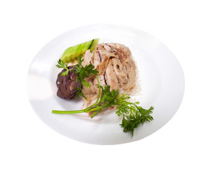 Homemade chicken rice isolated on white