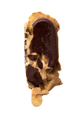 Chocolate ice cream cracked and melted before freeze isolated on white