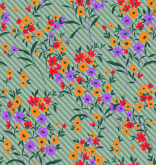 Sweet Ditsy Florals and Leaves Small Flowers Seamless Pattern Trendy Elegant Colors Perfect for Fashion and Wrapping Paper Print Diagonal Striped Background