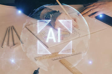 Human hands with tech theme double exposure drawings.