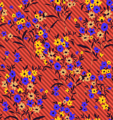 Obraz na płótnie Canvas Sweet Ditsy Florals and Leaves Small Flowers Seamless Pattern Trendy Elegant Colors Perfect for Fashion and Wrapping Paper Print Diagonal Striped Background