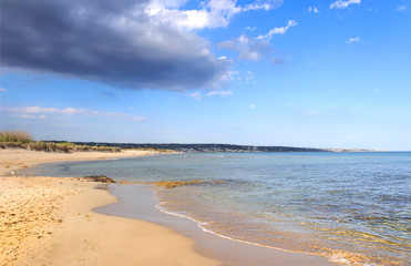 Fototapeta na wymiar The most beautiful sandy beaches of Apulia: Pescoluse Beach in Salento (Italy). 