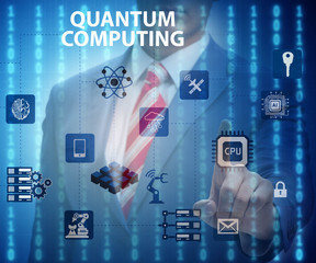 Businessman pressing virtual button in quantum computing concept
