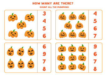 Obraz premium Counting Halloween jack o lantern pumpkin. Math game.