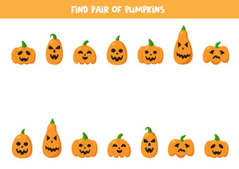 Find pairs to cute Halloween pumpkins. Game for kids.