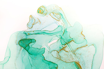 Alcohol ink green abstract background. Transparent watercolor texture.