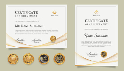 Certificate of award border template with gold line art and badges