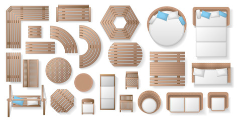 Icons set. Outdoor furniture and patio items. (top view) Isolated Vector Illustration. Tables, benches, chairs, sunbeds, swings. (view from above).  - 371404320