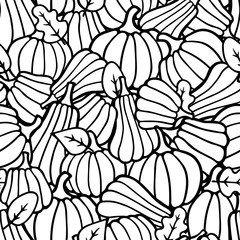 Halloween and Thanksgiving day seamless pattern. Doodle outline black pumpkins and autumn leaves background for wrapping decoration scrapbooking paper. Stock vector hand drawn illustration.
