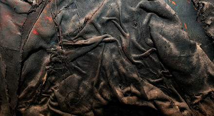 Black rough, wrinkled, textured fabric, background