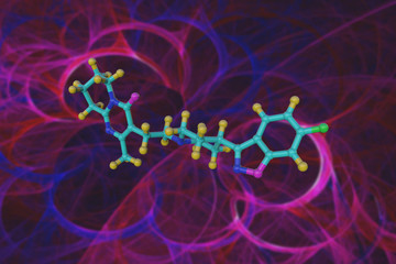Molecule of risperidone, an atypical antipsychotic. It is used to treat delusional psychosis (including schizophrenia), bipolar disorder and irritability associated with autism. 3d illustration