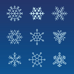 Snowflakes set. Winter flat vector decorations elements. Snowflake icons. Snowflakes collection for design Christmas and New Year banner and cards.