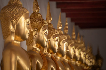 Group of golden Buddha statue sitting and standing posture in the Buddisth temple of Thailand. Religion and worship pray for lucky life