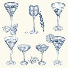 Set hand drawn sketch glasses for alcoholic drink Champagne Vintage design bar, restaurant, cafe menu on white background Engraving style Graphic vector Creative template for flyer, banner, poster