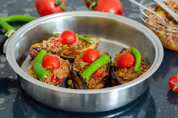 Traditional Turkish food stuffed aubergine ( karniyarik ) made