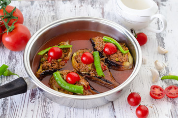 Traditional Turkish food stuffed aubergine ( karniyarik ) made