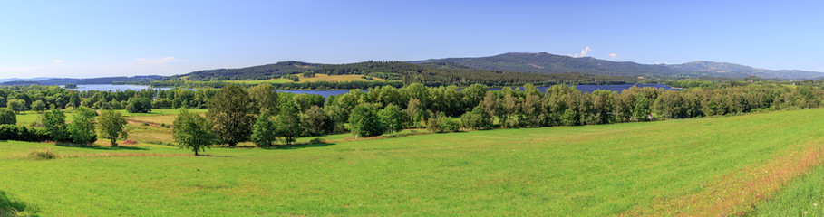 Panoramic view of Lake Lipno in Horni Plana at the natural preserve Sumava in Bohemia