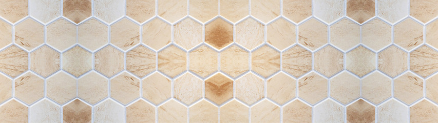 Beige brown white modern tile mirror made of hexagon geometric seamless concrete cement tiles...