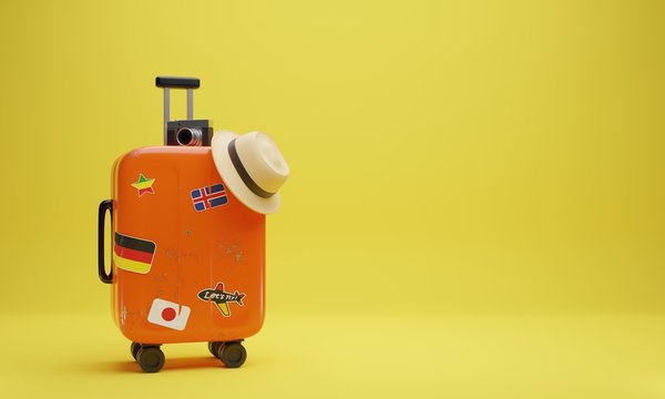 3D rendering Orange travel suitcase, luggage with camera, and a hat on yellow color background