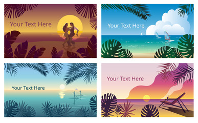 Fototapeta na wymiar Tropical landscape with a sunset on the sea and a sun chair. Template for a horizontal banner.