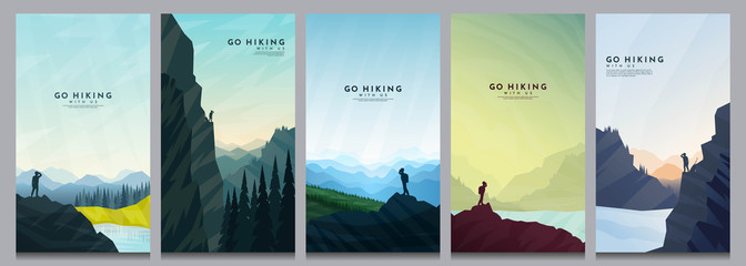 Vector illustration. Travel concept of discovering, exploring and observing nature. Hiking. Adventure tourism. Minimalist graphic flyers. Polygonal flat design for coupon, voucher, gift card