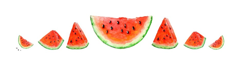 Slices of watermelon isolated on a white background. Painted with acrylic paints. Can be used to create wrapping paper, phone cases, wallpapers, fabrics, fashion prints.