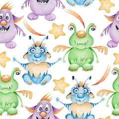 Children pattern with funny cartoon monsters