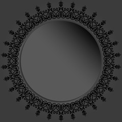 Round frame with floral elements and arabesques. Pattern with arabesques. Dark round greeting card