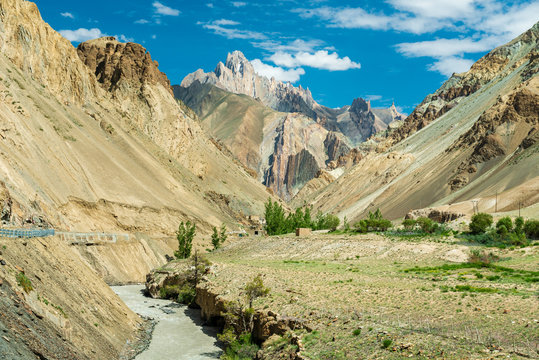 The trekking on Markha valley trek route in Ladakh, Karakorum panorama.