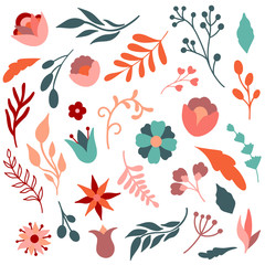 Vector set illustrations of abstract flowers and leaves. Big stock collection of floral elements