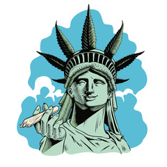 Statue of liberty with hemp leaf holding a rolled joint. Legalize marijuana concept print. Comic style vector illustration. © ledokolua