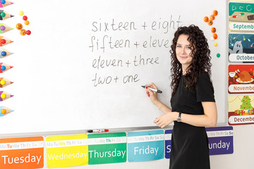 English teacher at whiteboard, language lesson