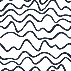 Seamless pattern with random black waves on white background. Design for backdrops with sea, rivers or water texture. Repeating texture. Figure for textiles.